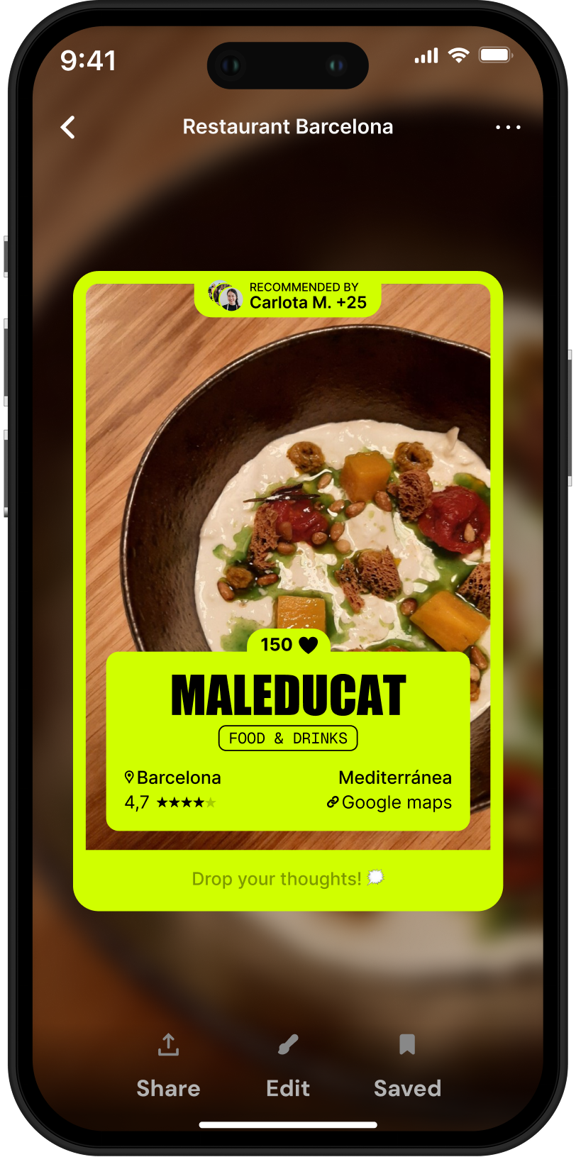 Pantalla de Dopelist con una ficha del restaurante Maleducat en Barcelona