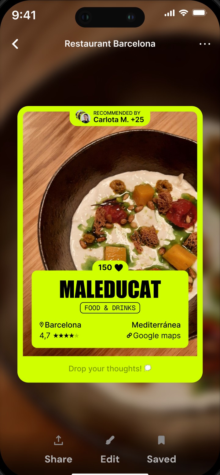 Ficha de un restaurante en la app Dopelist, desarrollada por Teler